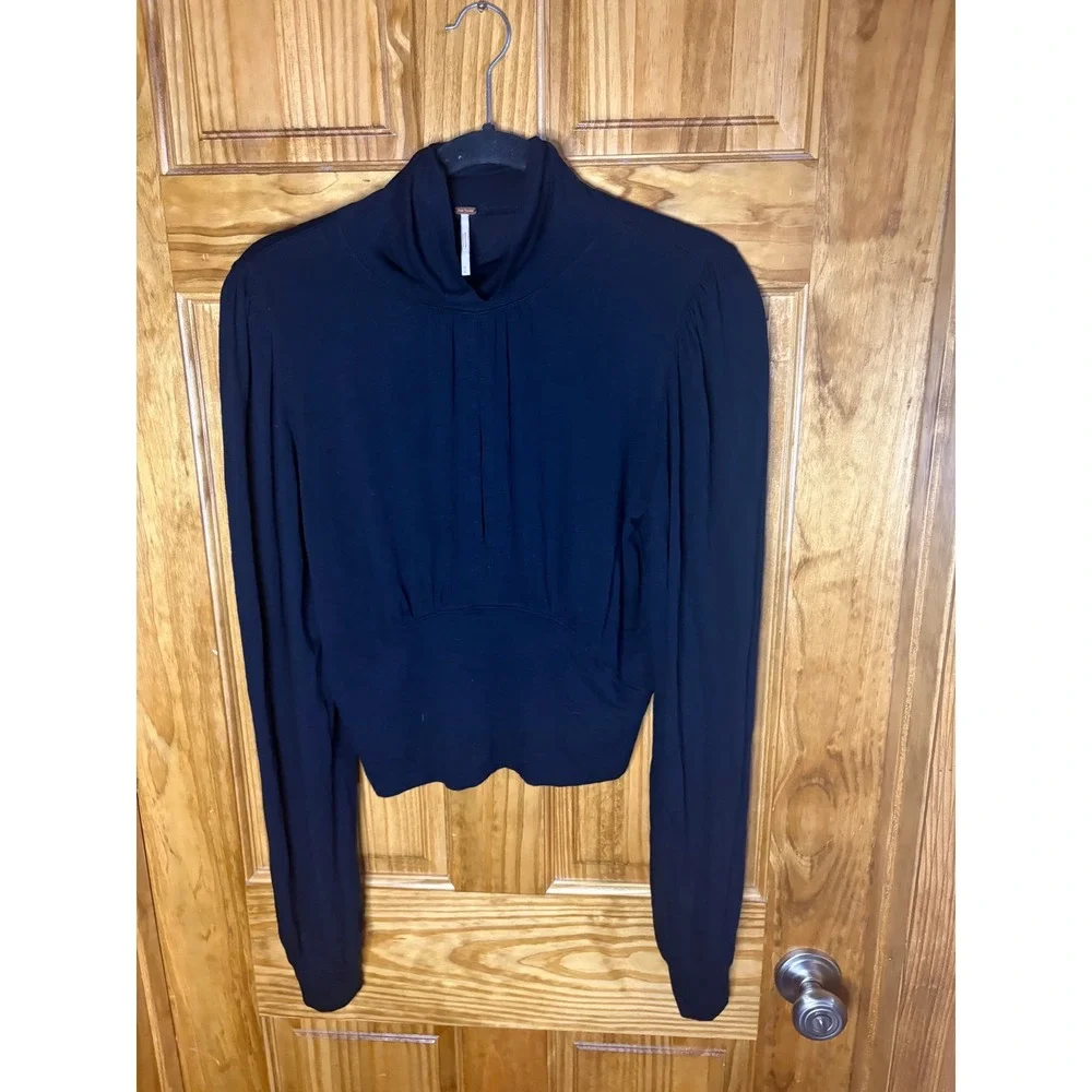 Free People Black Mock Neck Keyhole Long Sleeve Top size Medium